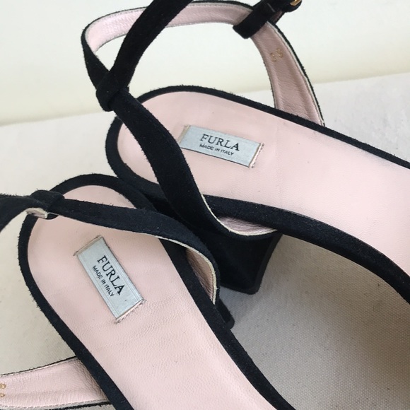 EUC Furla Italy sz 39 sandal heels black suede chunky heel strappy ankle strap - Picture 11 of 14